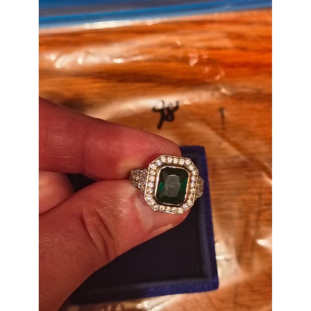 LNT 925 Sterling Silver Emerald Cut Green Cocktail Ring Size 6